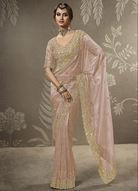 Peach Tissue Embroidered Sequins With Beads Work Saree