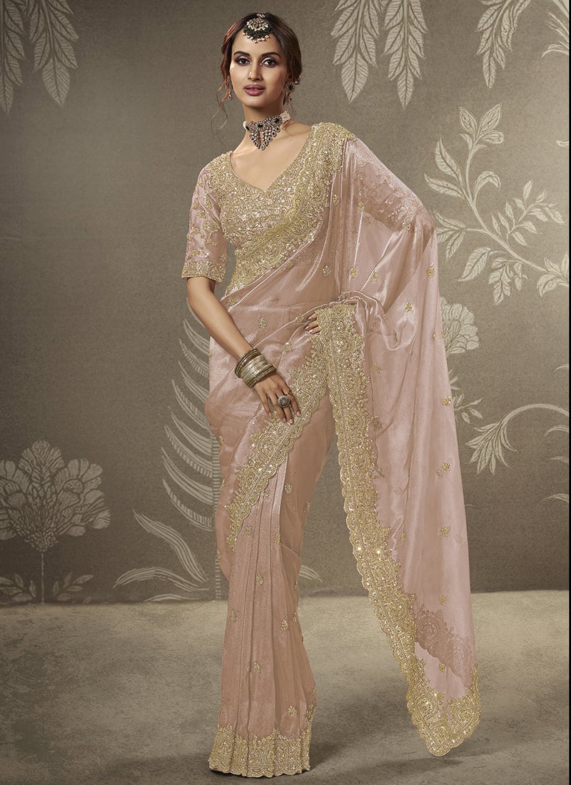 Peach Tissue Embroidered Sequins With Beads Work Saree Wedding Wear