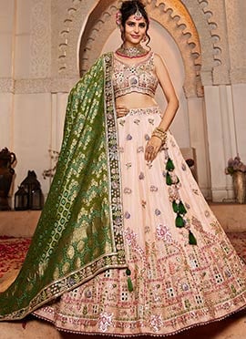 Peach Tissue Embroidered Sequins With Moti And Mirror Work Lehenga Wedding Wear