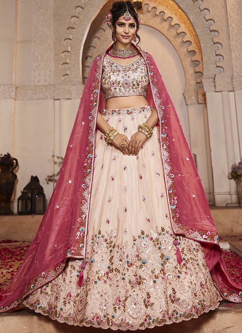 Peach Tissue Embroidered Sequins With Moti Work Lehenga Wedding Wear