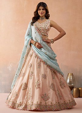 Peach Tissue Embroidered Zari Sequins Stones Work Lehenga