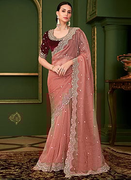 Peach Tissue Georgette Silk Zari Embroidered Sequins Saree