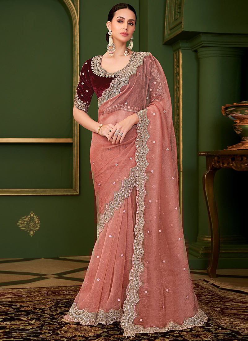 Peach Tissue Georgette Silk Zari Embroidered Sequins Saree Wedding Wear