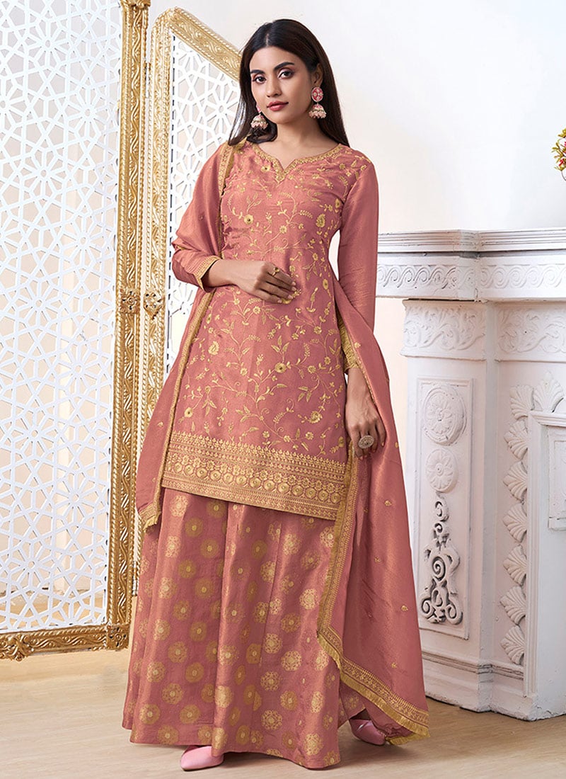 Peach Tissue Gold Pitta Work Palazzo Suit