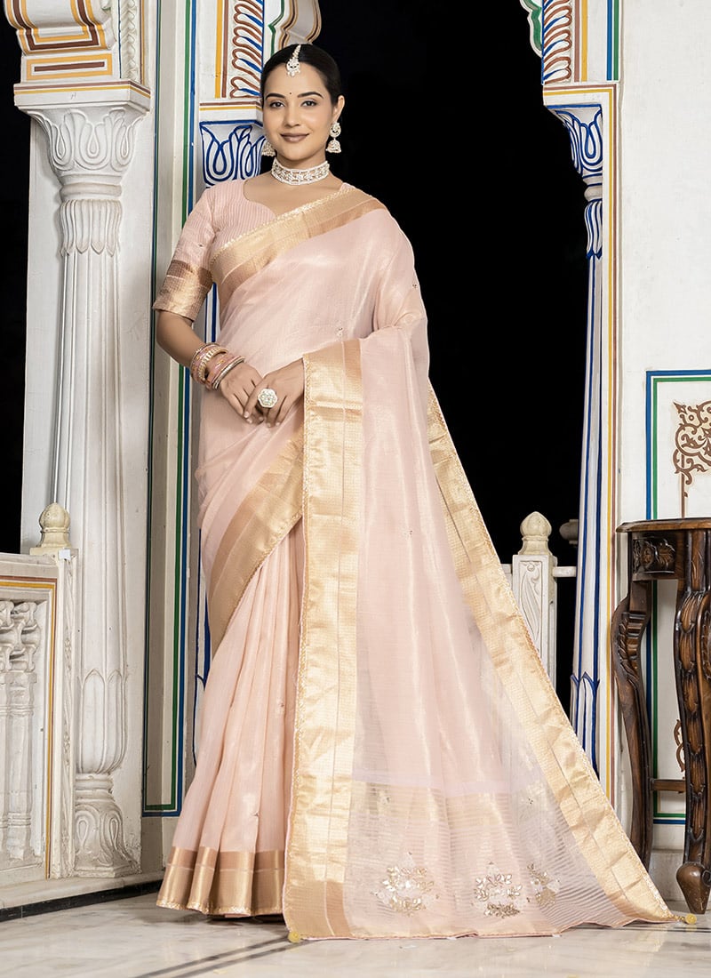 Peach Tissue Linen Hand Embroidered Zari Saree