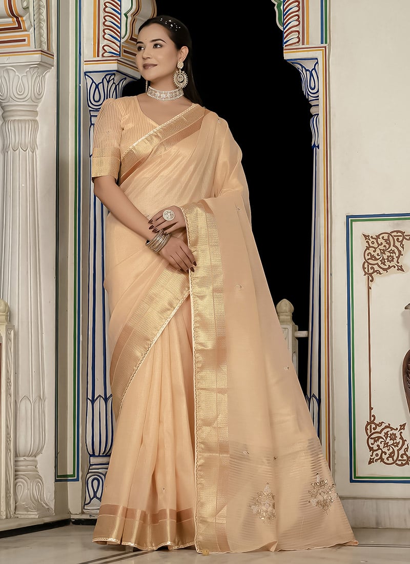Peach Tissue Linen Hand Embroidered Zari Saree