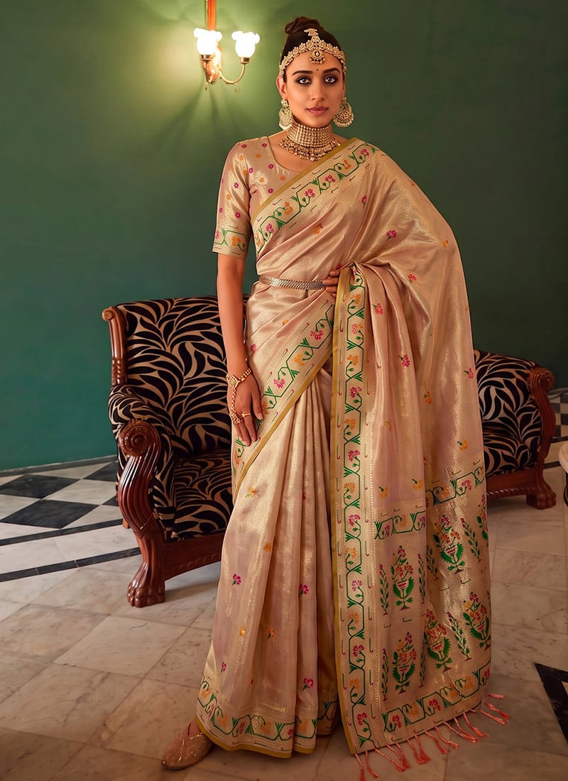 Peach Tissue Silk Woven Jacquard Saree Festive Wear