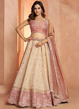 Peach Tissue Zari Embroidered Lehenga