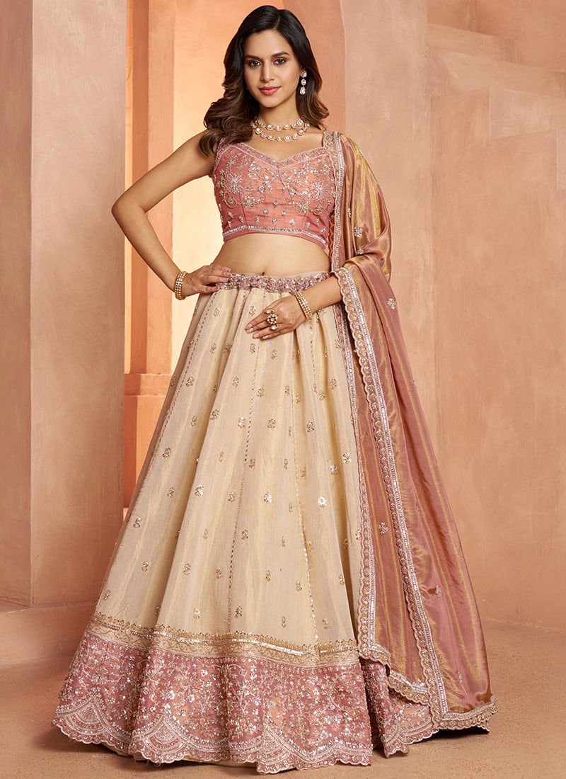 Peach Tissue Zari Embroidered Lehenga Wedding Wear