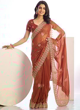 Peach Tissue Zari Embroidered Saree