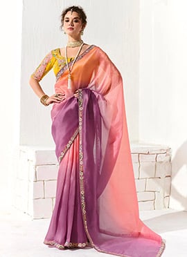 Peach Tissue Zari Hand Embroidered Sequins Saree