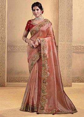 Peach Twill Tissue Sequins Hand Embroidered Saree
