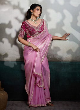 Peach Velvet Satin Silk Zari Embroidered Sequins With Beads Work Saree