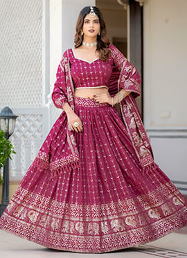 Peach Vichitra Silk Foil Print Lehenga