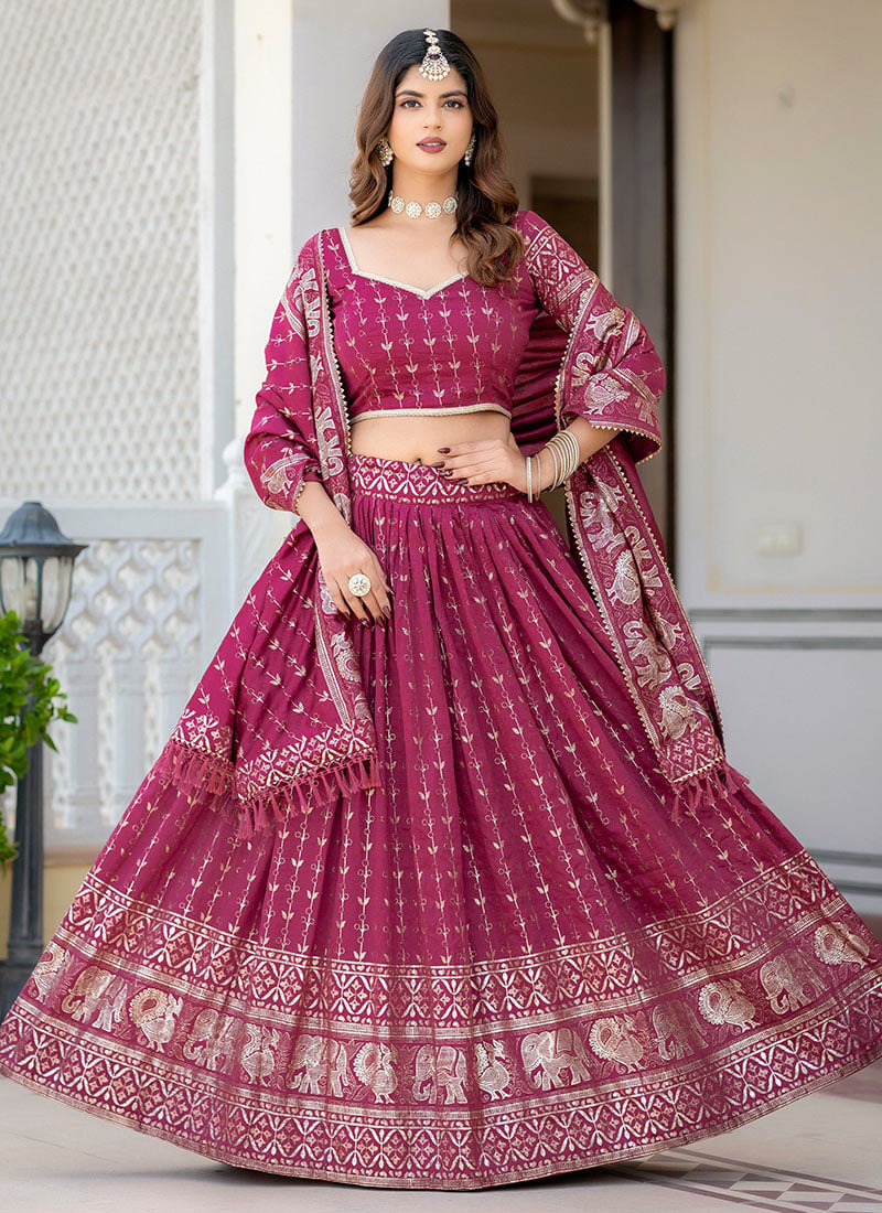 Peach Vichitra Silk Foil Print Lehenga Wedding Wear