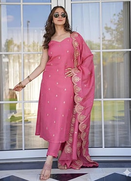 Peach Viscose Chanderi Silk Embroidered With Beads Work Straight Pant Suit