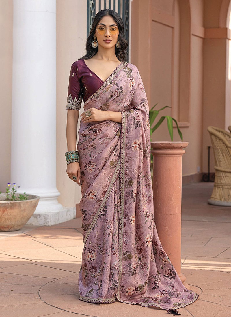 Peach Viscose Dola Silk Zari Embroidered Sequins Floral Digital Print Saree Festive Wear