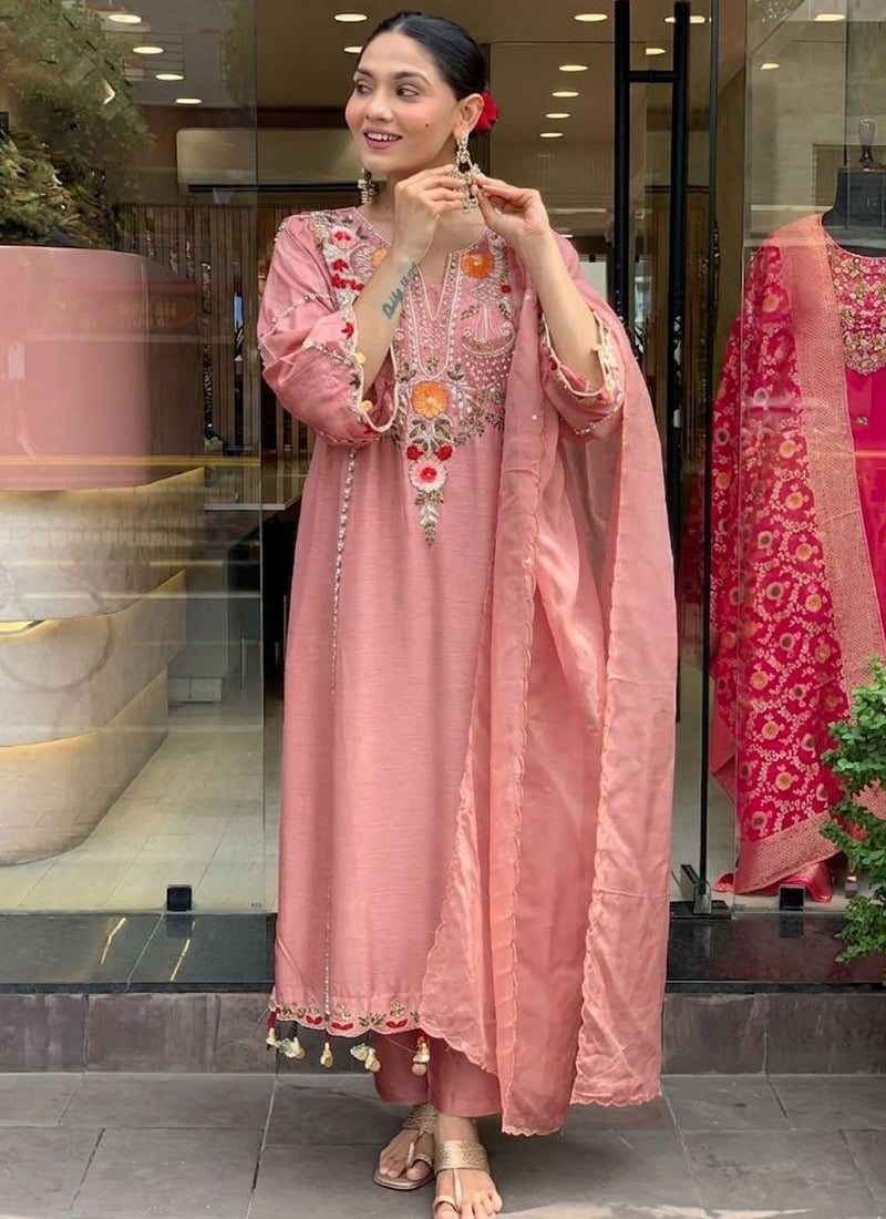 Peach Viscose Embroidered Sequins Straight Pant Suit After Six Wear