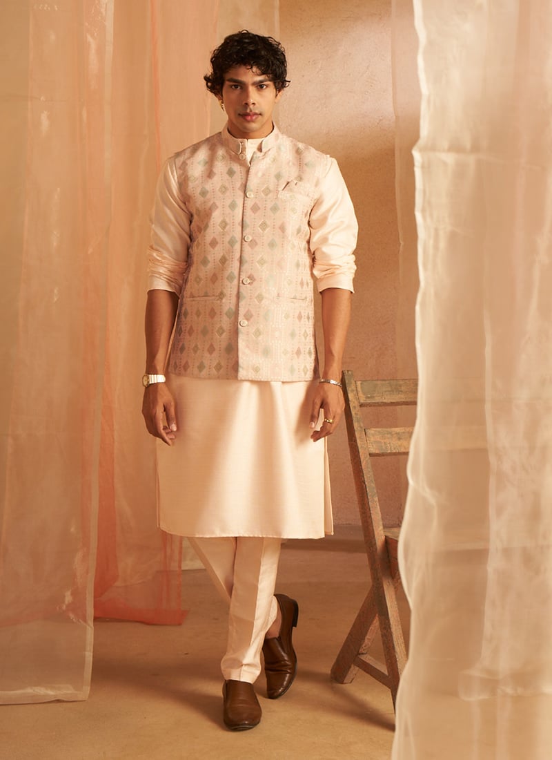 Peach Viscose Embroidered Woven Bandi Set