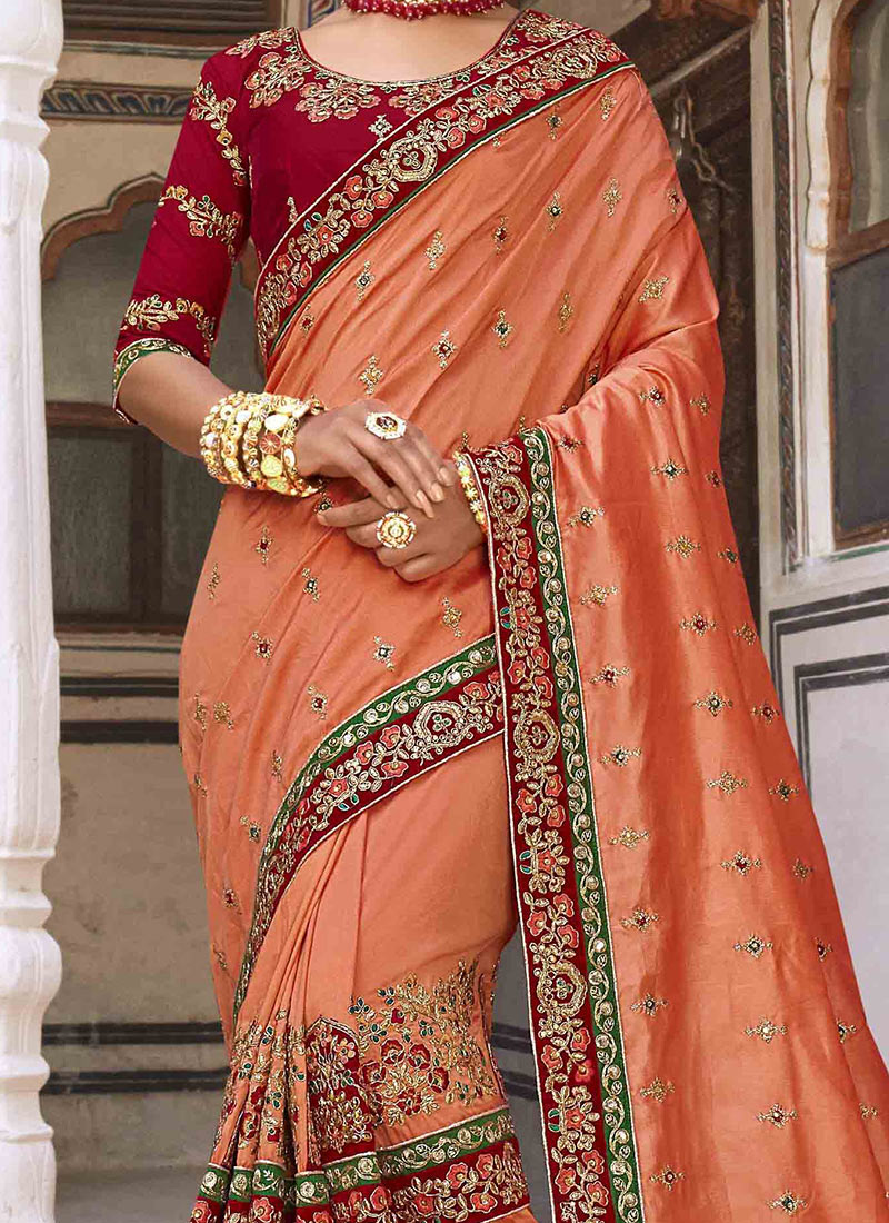 Buy Peach Viscose Embroidery Work Saree Party Wear, Embroidered, sari