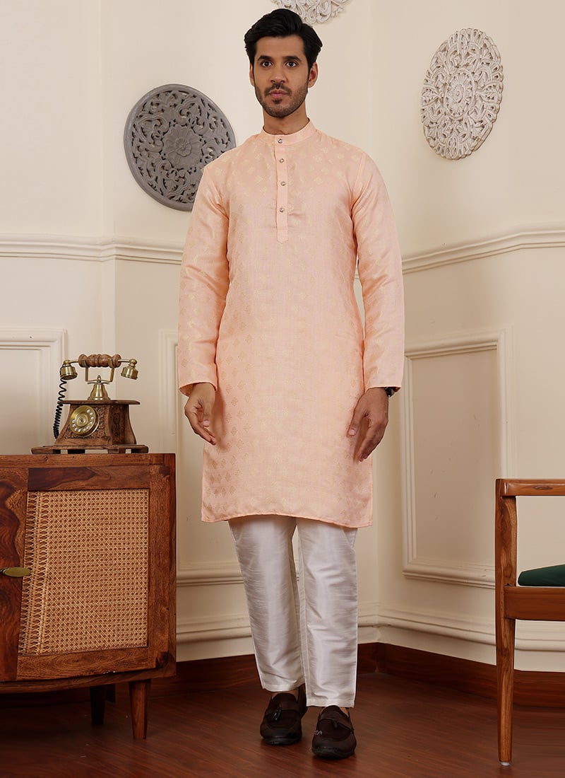 Peach Viscose Jacquard Kurta