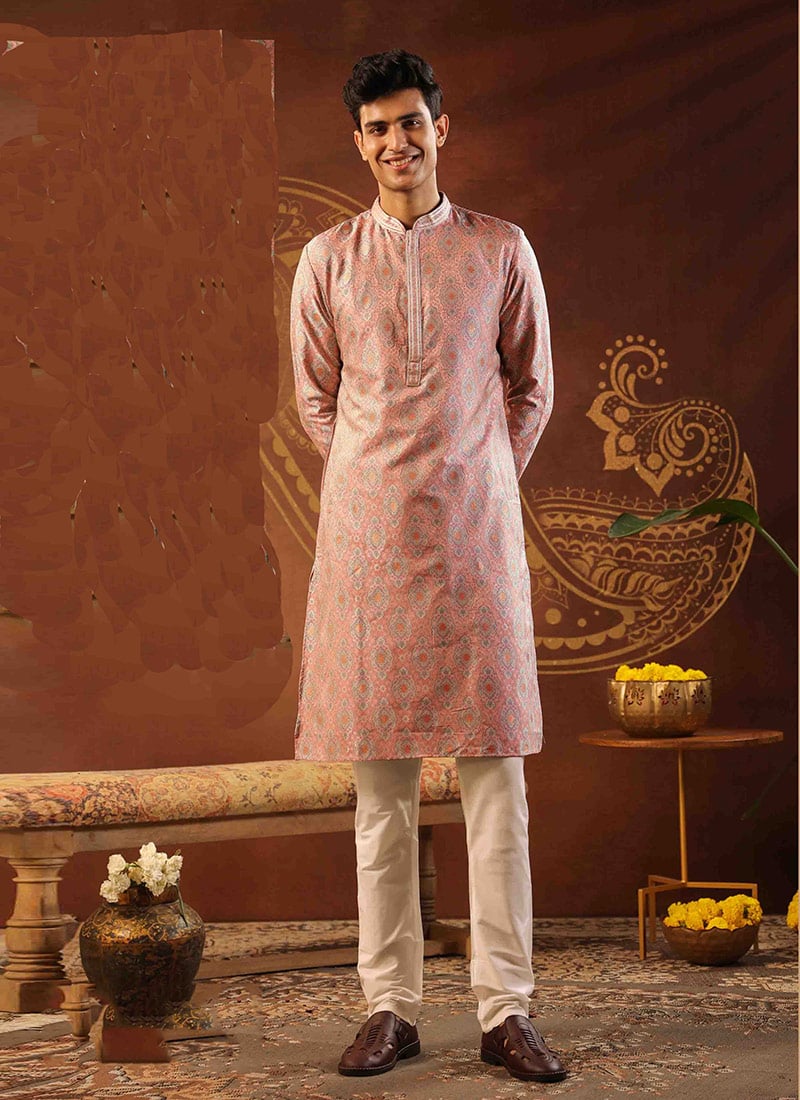 Peach Viscose Jacquard Kurta Pyjama For Men Festive Wear