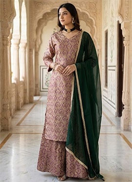 Peach Viscose Jacquard Sharara Suit