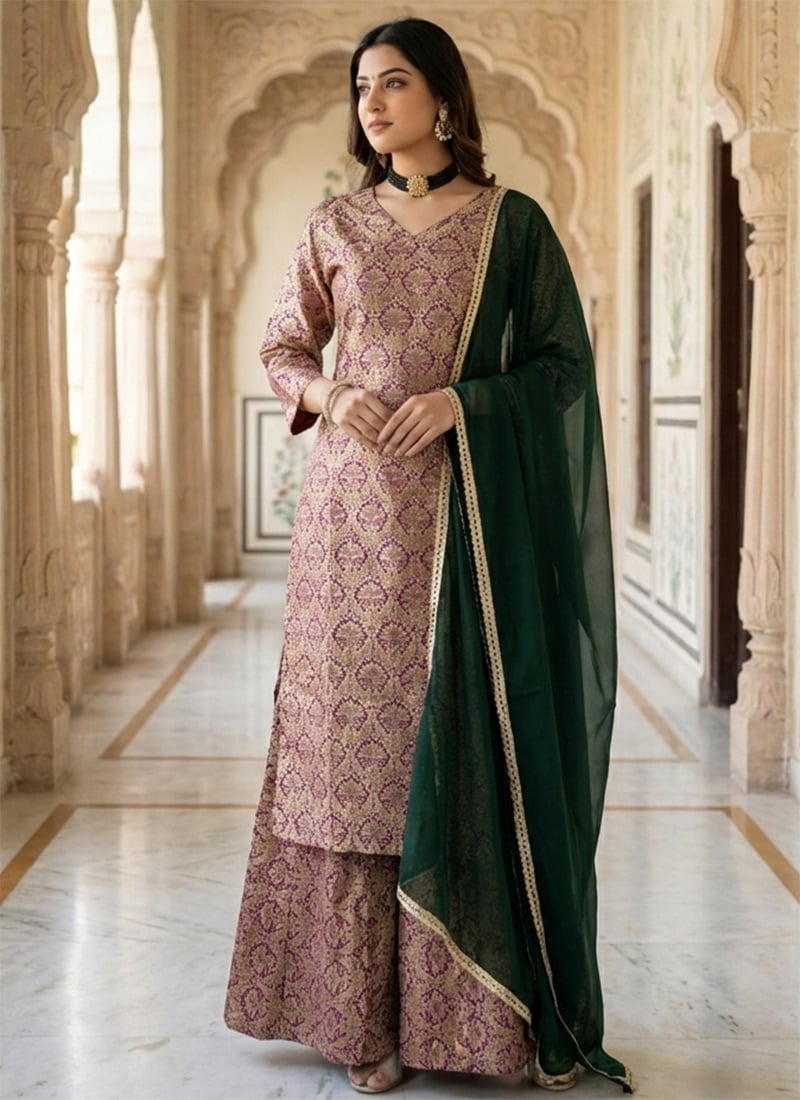 Peach Viscose Jacquard Sharara Suit Festive Wear