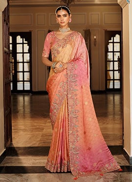Peach Viscose Jacquard Silk Zari And Sequins Embroidered Saree