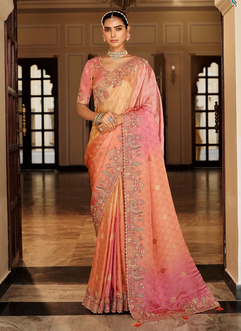 Peach Viscose Jacquard Silk Zari And Sequins Embroidered Saree Festive Wear