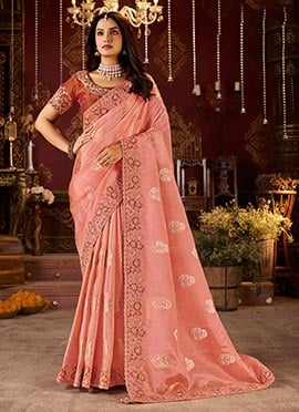 Peach Viscose Jacquard Tissue Zari Embroidered Sequins Beads And Stone Work Saree