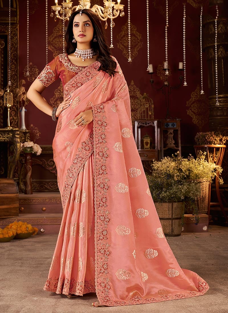 Peach Viscose Jacquard Tissue Zari Embroidered Sequins Beads And Stone Work Saree