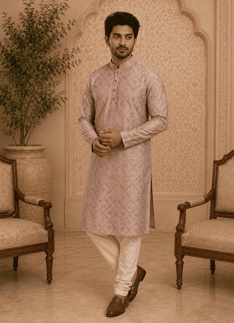 Peach Viscose Rayon Printed Kurta For Men