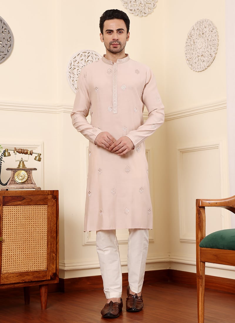Peach Viscose Silk Embroidered Kurta Pyjama Festive Wear