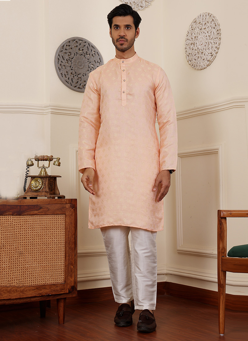 Peach Viscose Woven Jacquard Kurta Pyjama Festive Wear