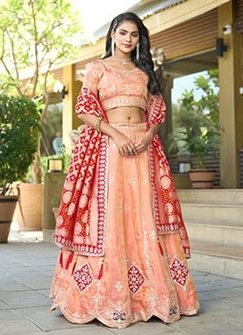 Peach Viscose Zari Gota Embroidered Work A Line Lehenga Wedding Wear