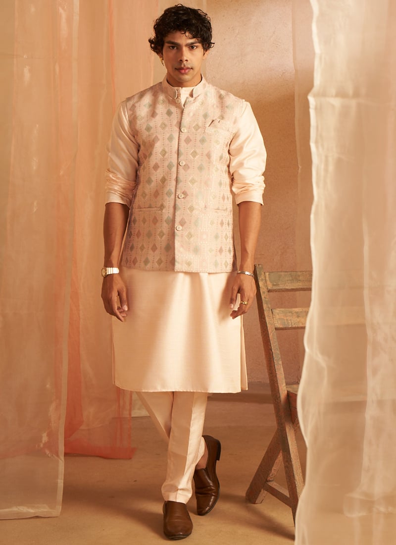 Peach Viscose Zari Work Printed Bandi Set Festive Wear