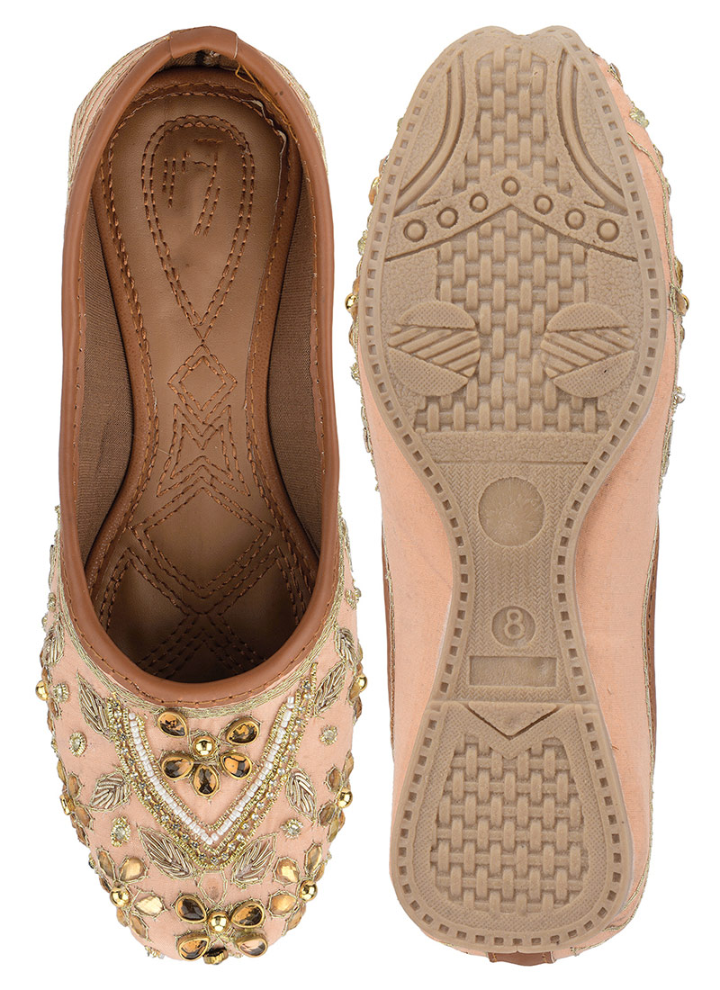 Peach Zardosi Hand Embroidered Stone And Beads Work Juti