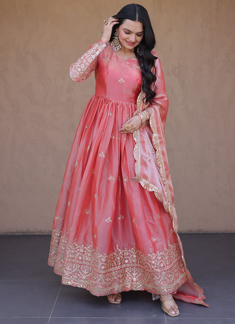 Peach Zari Embroidered Sequins Fendi Silk Anarkali Suit Festive Wear