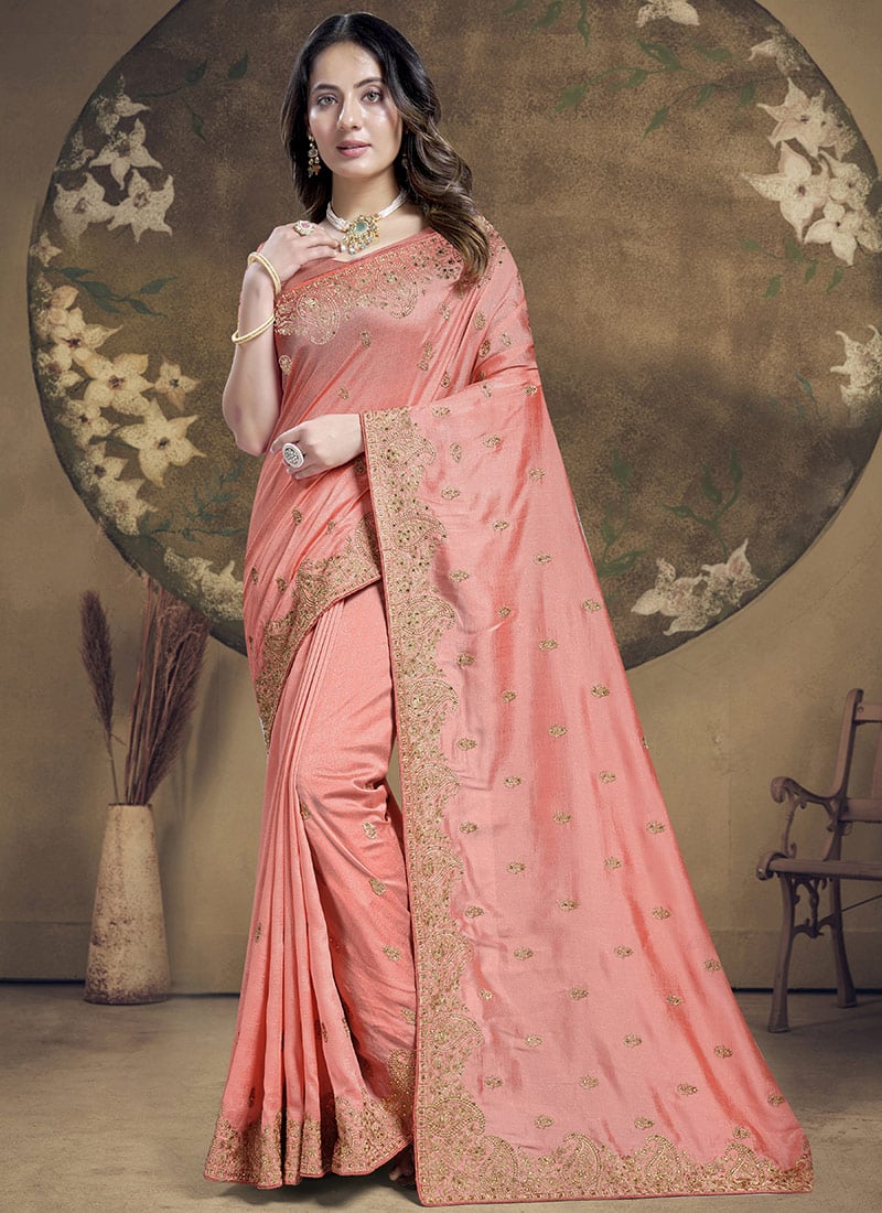 Peach Zari Embroidered Stone Embossed Vichitra Silk Saree Party Wear