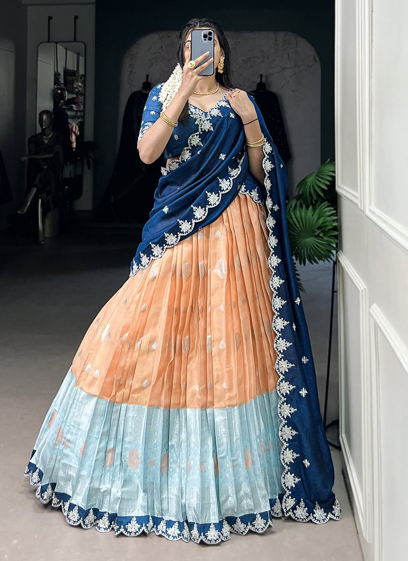Peach Zari Kota Silk Embroidered Sequins Lehenga Festive Wear