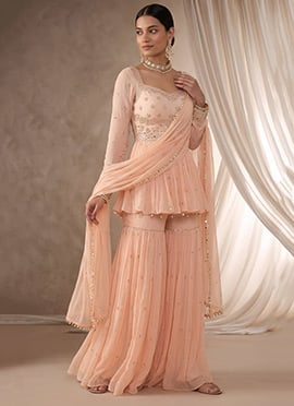 Peach Zari Sequins Georgette Sharara Suit