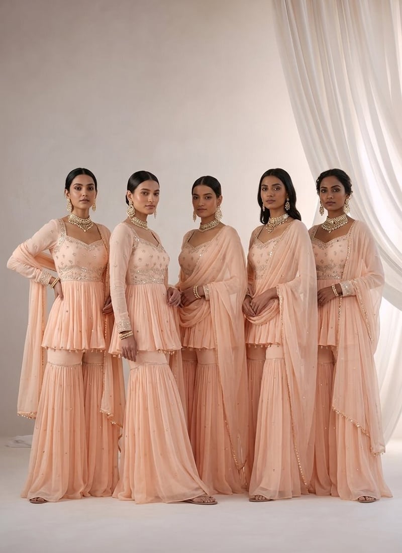 Peach Zari Sequins Georgette Sharara Suit Wedding Wear