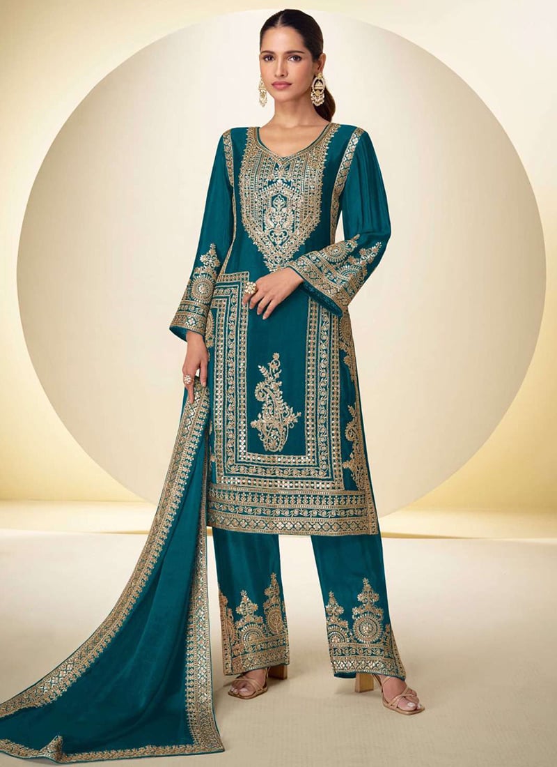 Peacock Blue Chinon Hand Embroidered Sequins With Beads Work Straight Pant Suit Festive Wear