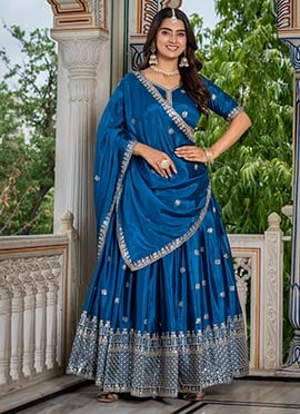 Peacock Blue Chinon Silk Embroidered Sequins Lehenga