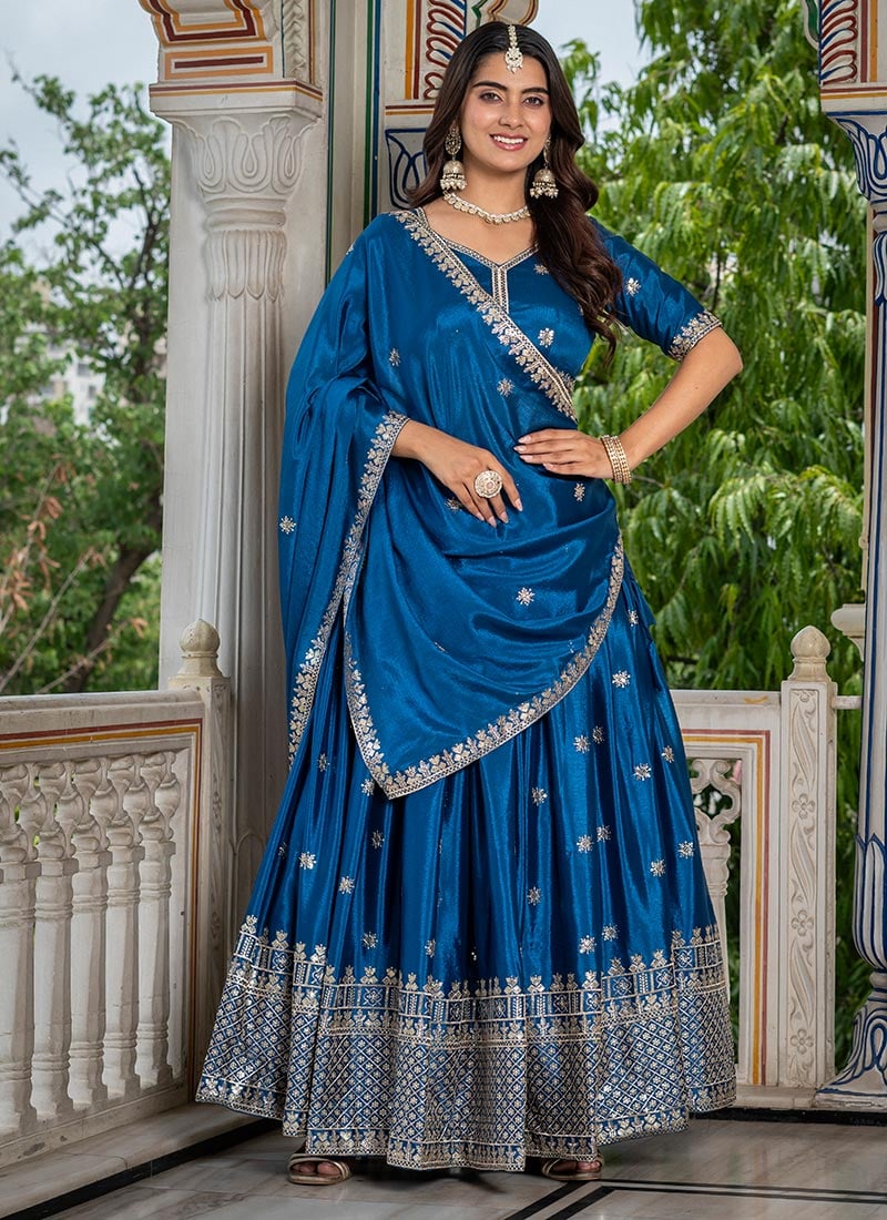 Peacock Blue Chinon Silk Embroidered Sequins Lehenga After Six Wear