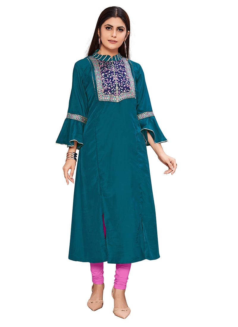 Peacock Blue Dola Silk Jacquard Work Long Kurti Work Wear
