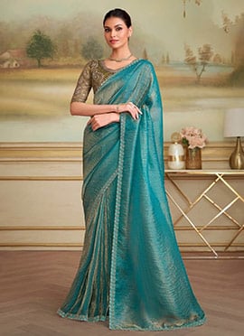 Peacock Blue Georgette Embroidered Sequins Saree