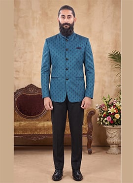 Peacock Blue Rayon Jacquard Jodhpuri Suit For Men