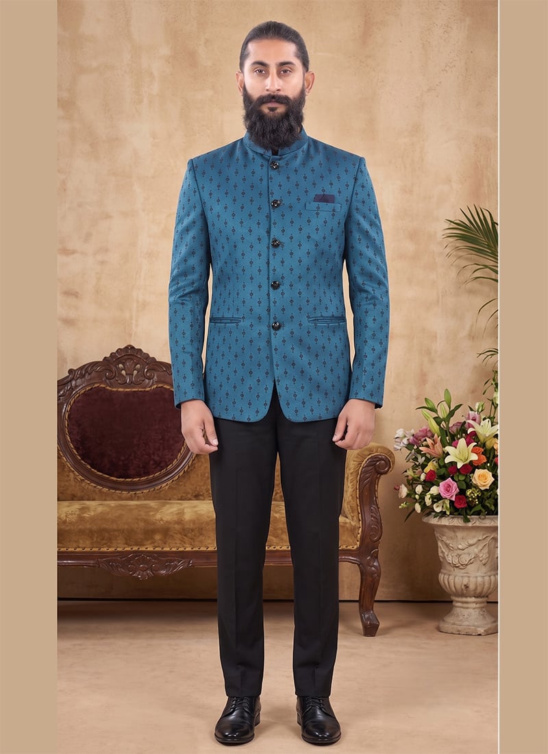Peacock Blue Rayon Jacquard Jodhpuri Suit For Men After Six Wear
